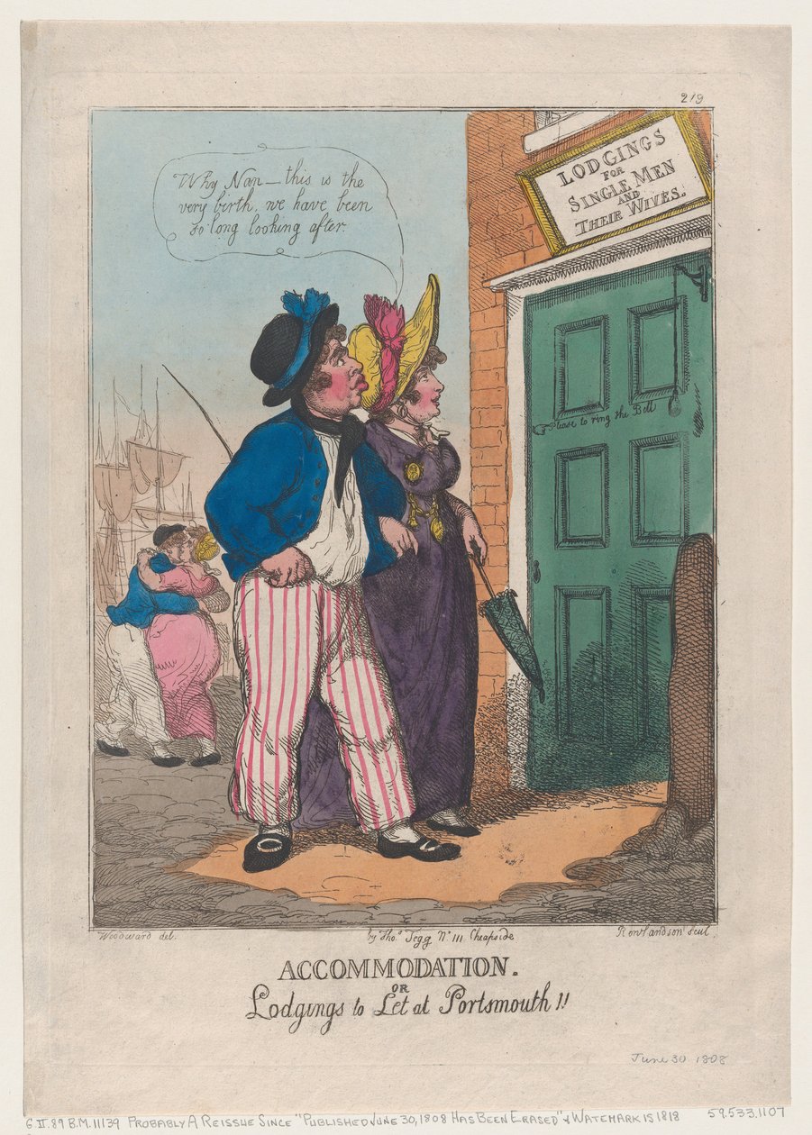 Indkvartering eller logi til leje i Portsmouth!!, 30. juni 1808., 30. juni 1808. af Thomas Rowlandson