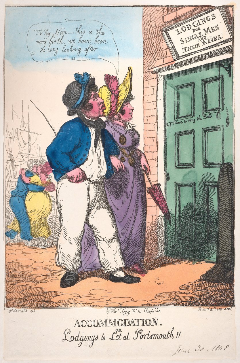 Indkvartering eller logi til leje i Portsmouth!!, 30. juni 1808., 30. juni 1808. af Thomas Rowlandson