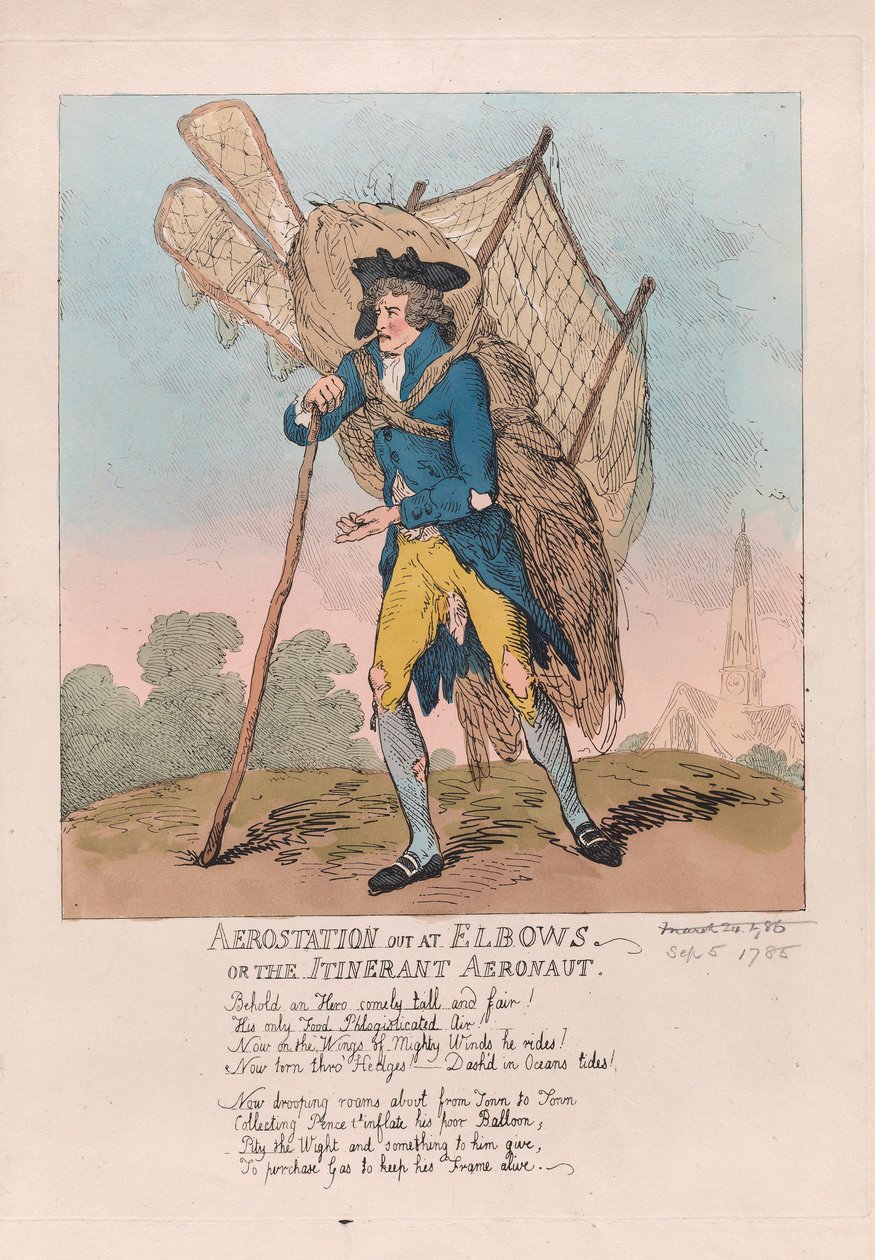 Aerostation ude ved Elbows eller the Itinerant Aeronaut, pub. 1785 (håndfarvet gravering) af Thomas Rowlandson