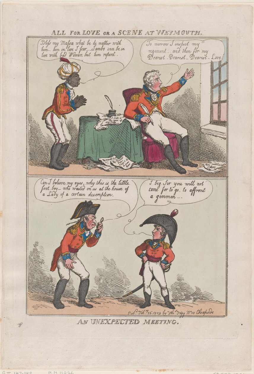 Alt for kærlighed eller en scene i Weymouth, et uventet møde, 26. februar 1809., 26. februar 1809. af Thomas Rowlandson