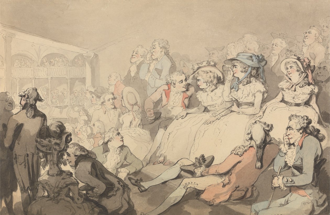 Et publikum, der ser et teaterstykke på Drury Lane Theatre af Thomas Rowlandson