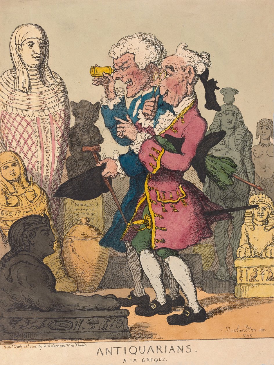 Antikvarier a la Grecque, pub. 1805 (håndfarvet gravering) af Thomas Rowlandson