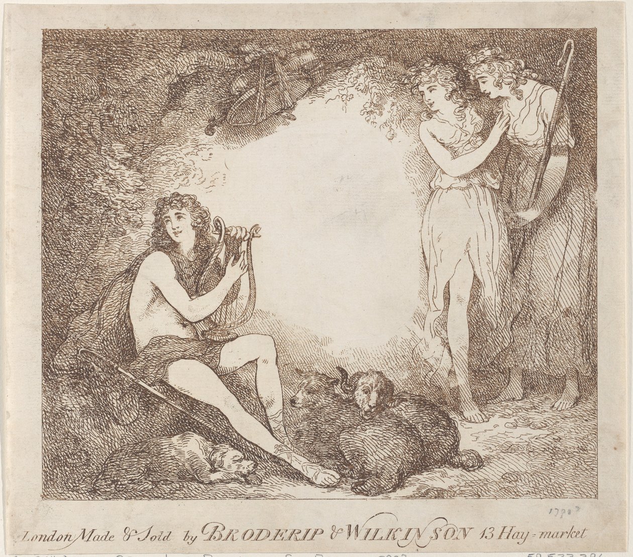 Apollo, Lyra og Daphne Trade-kort, der illustrerer Marian, en opera, 1797-99., 1797-99. af Thomas Rowlandson