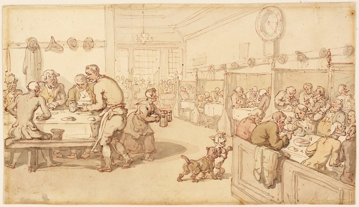 At an Old English Eating House (pen og rødt blæk med pensel og akvarel over grafit, på cremefarvet vævet papir) af Thomas Rowlandson