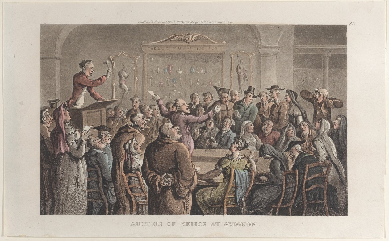 Auktion over relikvier i Avignon, fra Journal of Sentimental Travels in the Southern Provinc..., 1821. af Thomas Rowlandson