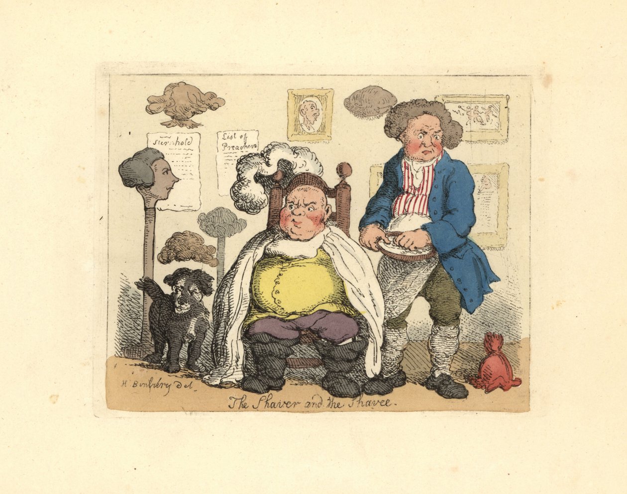 Frisør og kunde i en barbershop dekoreret med parykker. af Thomas Rowlandson