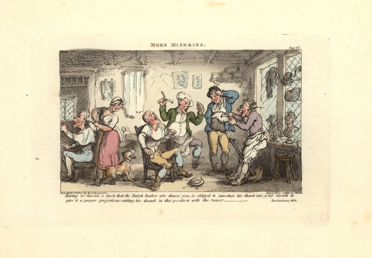 Barber skærer tommelfingeren i forsøget på at barbere en kunde. af Thomas Rowlandson