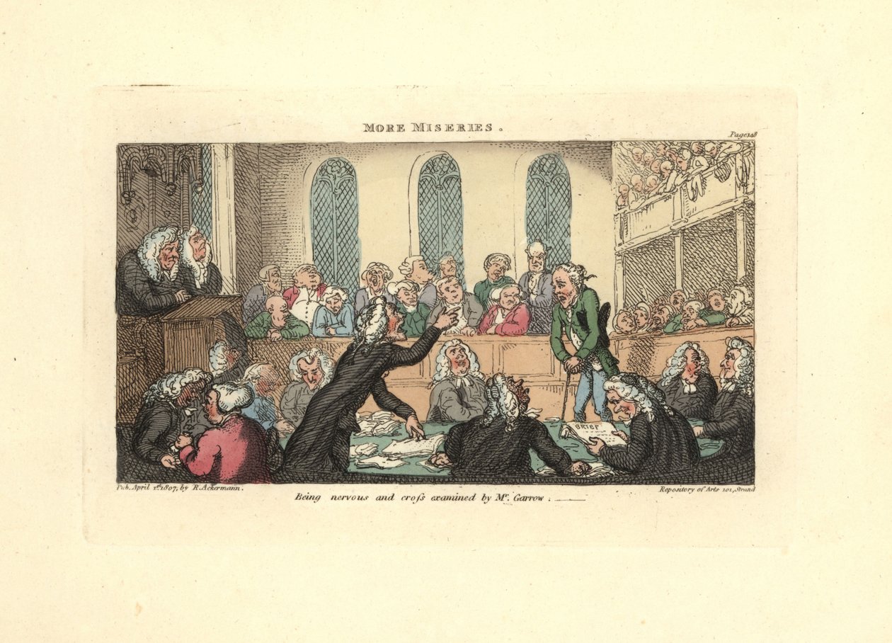 At være nervøs og krydsforhørt af Mr. Garrow. af Thomas Rowlandson