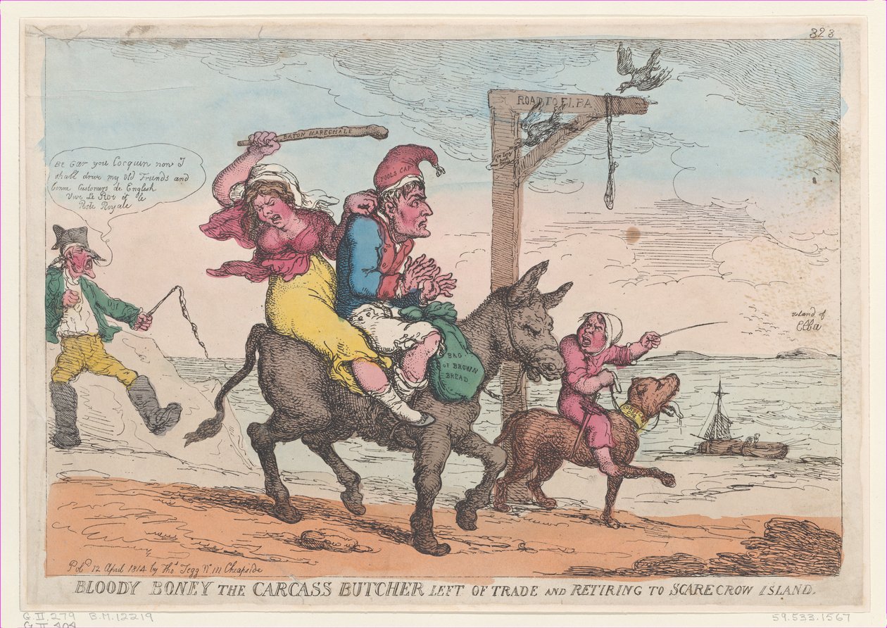 Bloody Boney the Carcass Butcher forlod handel og trækker sig tilbage til Scarecrow Island,..., 12. april 1814. af Thomas Rowlandson