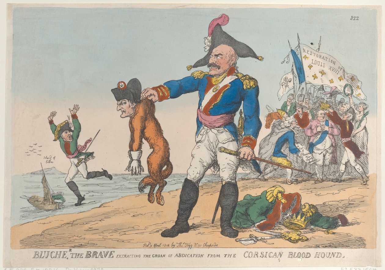 Blucher the Brave udvinder abdikationens støn fra den korsikanske blodhoun..., 9. april 1814. af Thomas Rowlandson