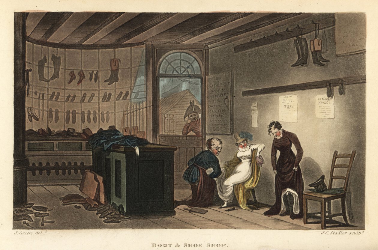 Støvle- og skobutik: Kvinder, der prøver sko og støvler hos Leatherhead skomagere. Håndfarvet kobberstik af Thomas Rowlandson, akvatint af J.C. Stadler, efter en skitse af J. Green fra Poetical Sketches of Scarborough, Ackermann, London af Thomas Rowlandson