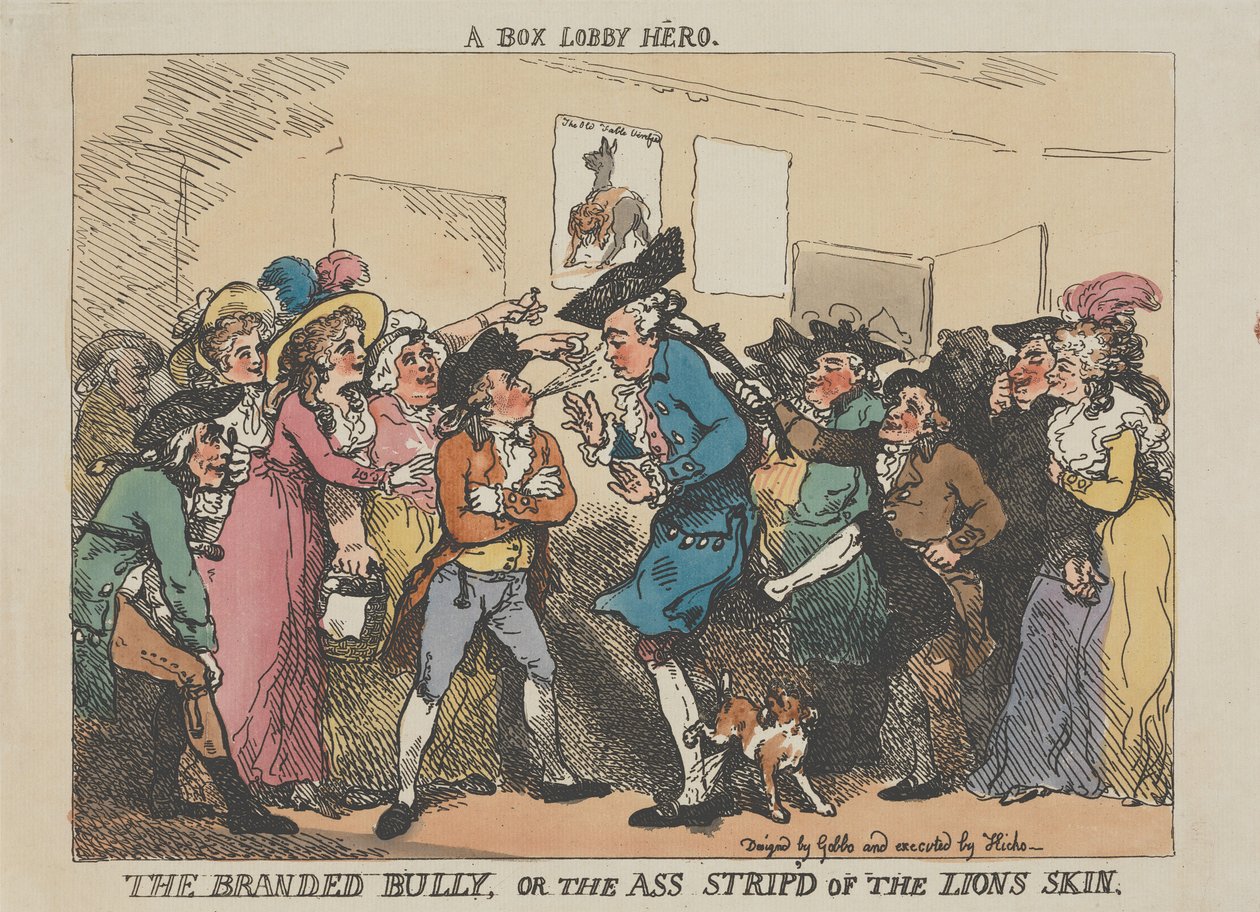»Box-Lobby-helten«, »Den stemplede bølle« eller »Den, der blev frataget løvens skind« af Thomas Rowlandson