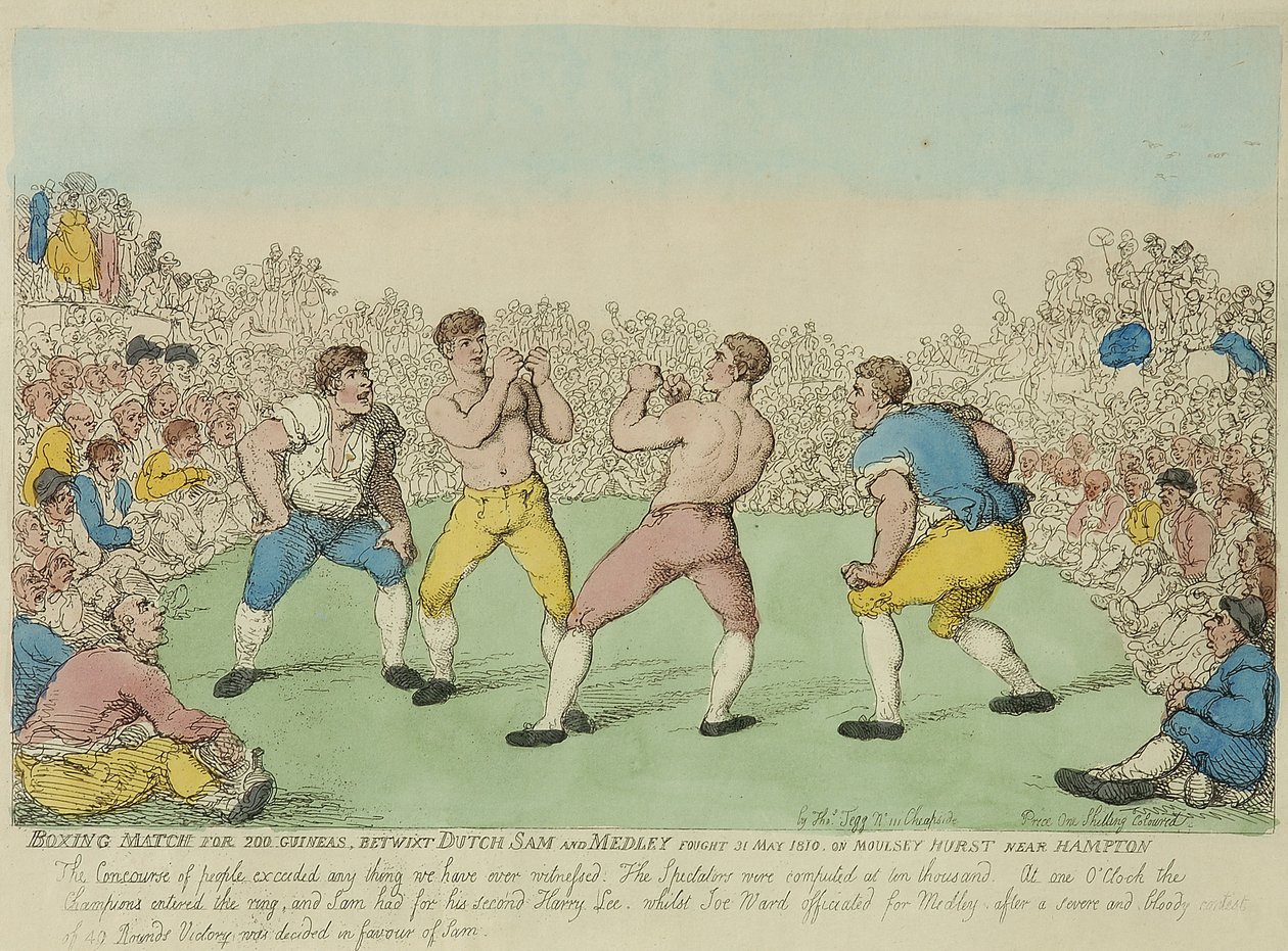 Boksekamp for 200 Guineas mellem hollandske Sam og Medley (farvet radering) af Thomas Rowlandson