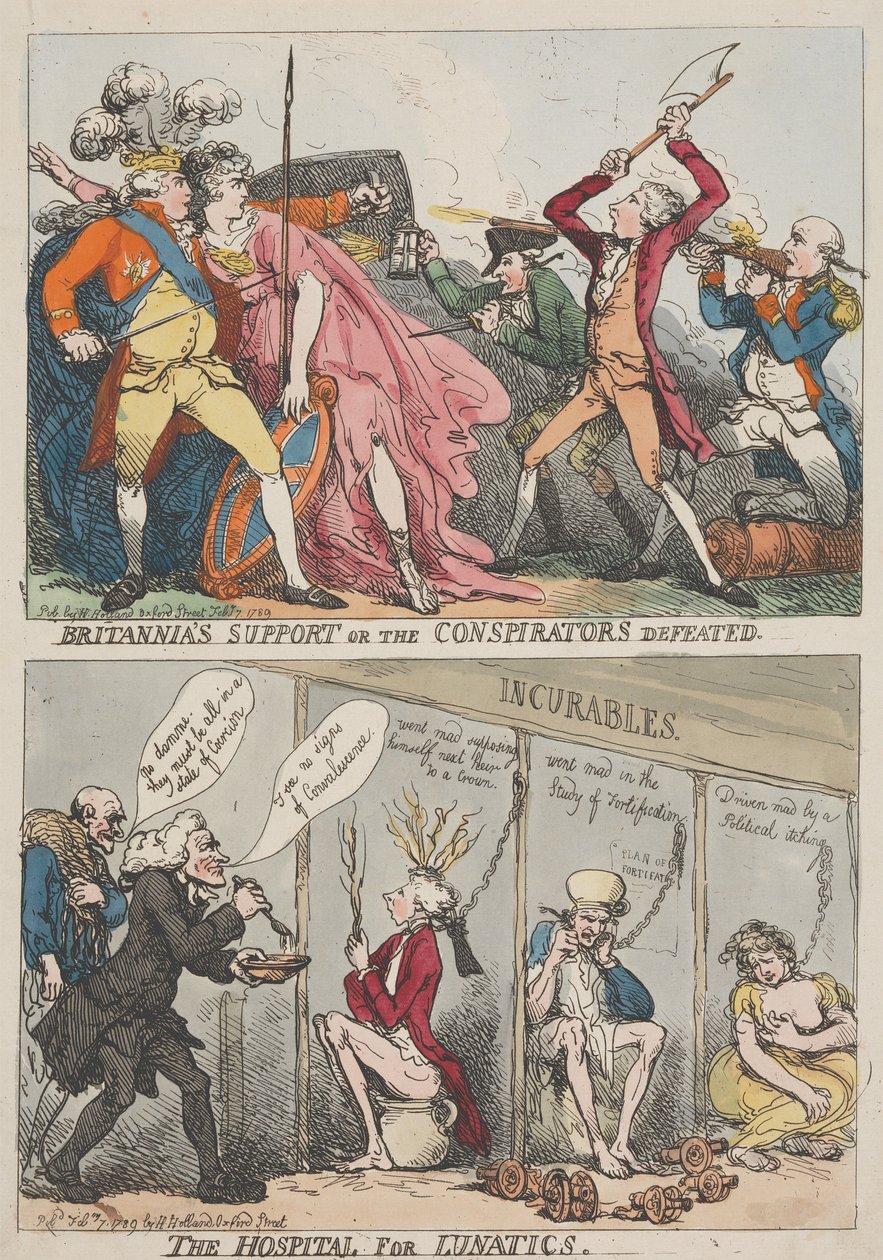 Britannias støtte eller sammensværgernes nederlag – Anstalten for sindssyge af Thomas Rowlandson