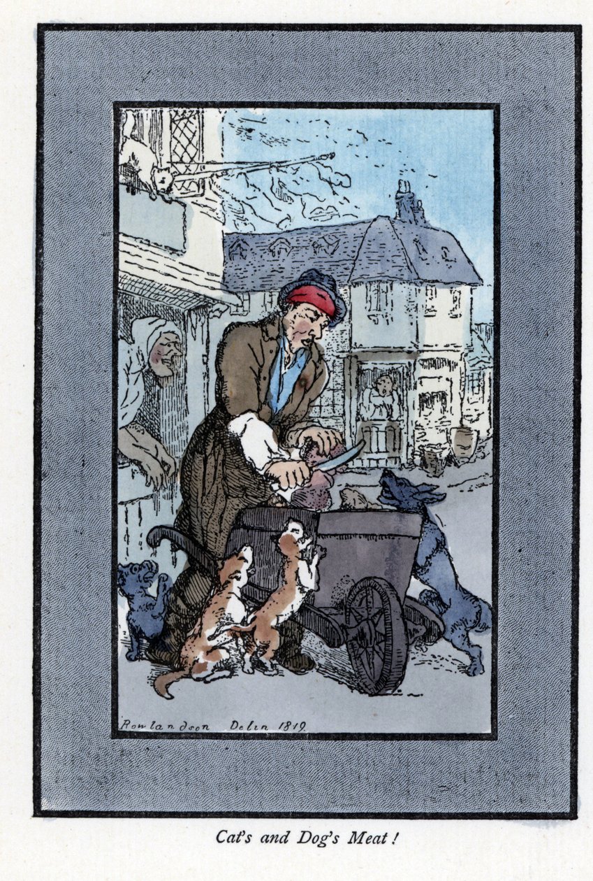 Slagter-omrejsende, der skærer et stykke kød, sagde, at hunde og katte angriber hjulet på hans trillebør. Træstik, baseret på et maleri af Thomas Rowlandson (1756-1827), udgivet i The Cris of London: med seks charmerende børn og næsten 40 illustra af Thomas Rowlandson