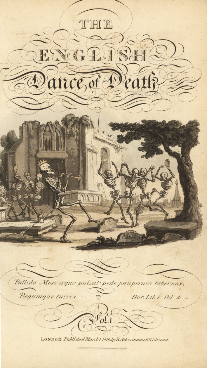 Kalligrafisk titel og vignet af skeletter, der danser med tamburiner og horn på en kirkegård nær en ødelagt kirke. Håndfarvet kobberplade tegnet og graveret af Thomas Rowlandson fra The English Dance of Death, Ackermann, London af Thomas Rowlandson