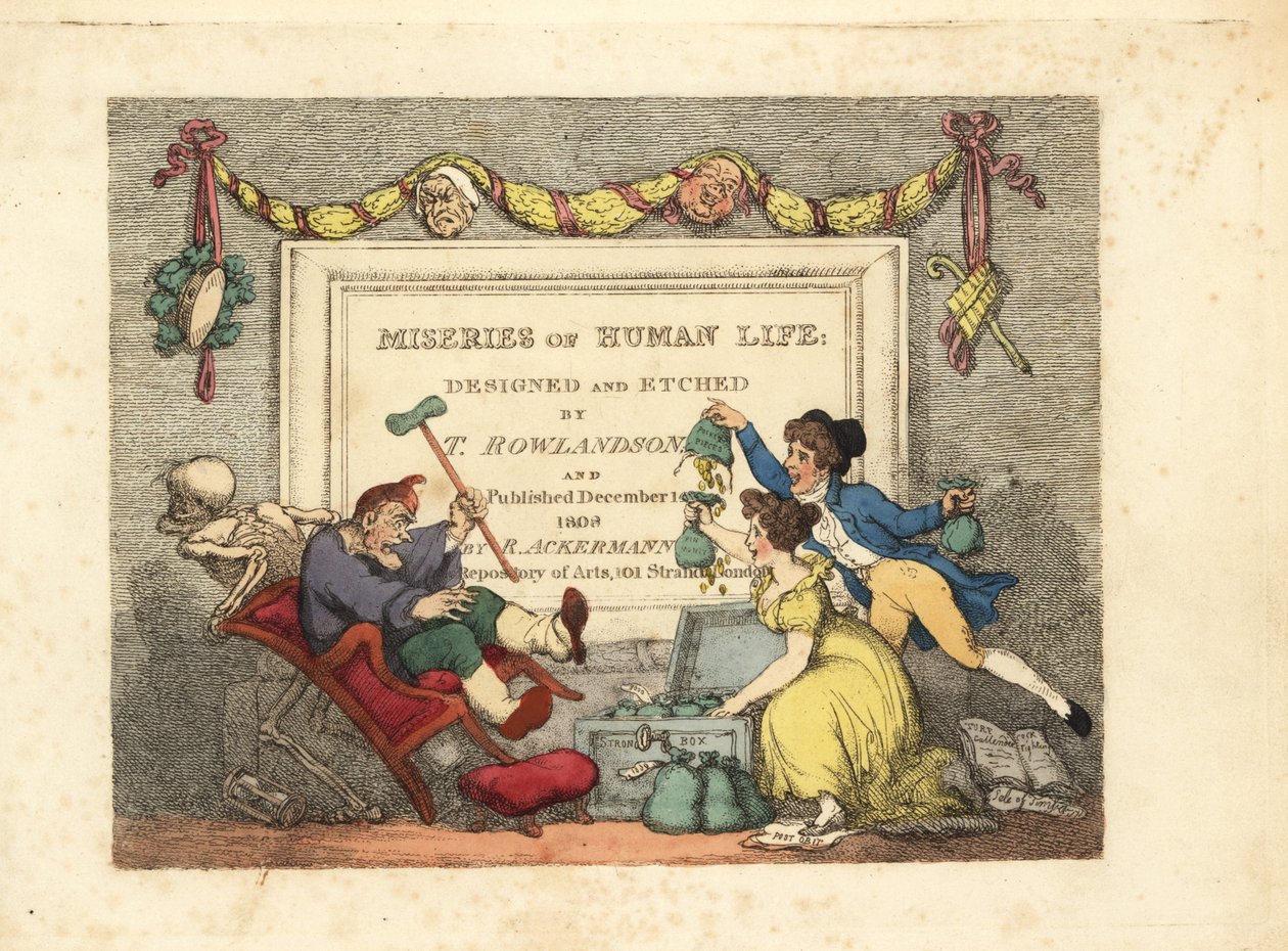 Kalligrafisk titelblad med vignet af Dødens skelet a af Thomas Rowlandson