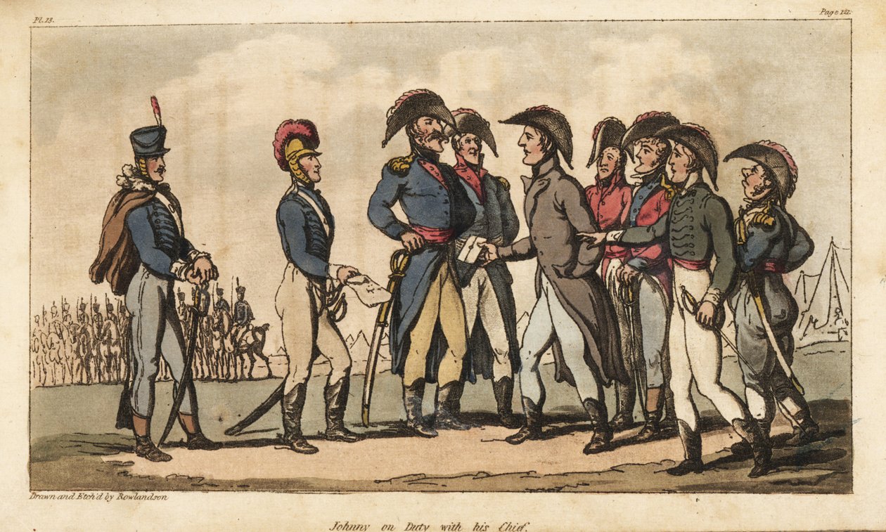Kaptajn Johnny Newcome på vagt som Aide de Camp for hertugen af Wellington under Peninsula Campaign. Håndfarvet kobberstik tegnet og ætset af Thomas Rowlandson fra oberst David Roberts