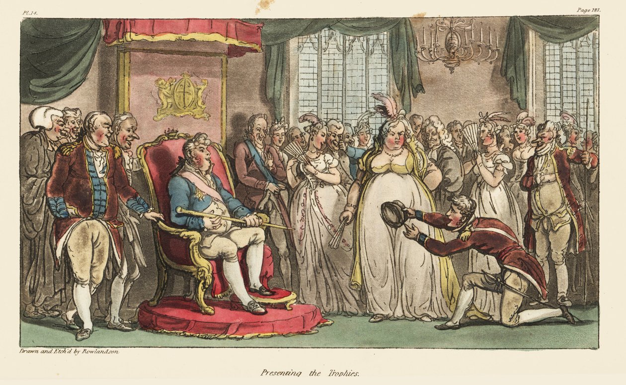 Kaptajn Johnny Newcome overrækker krigens trofæer, kong Joseph Bonaparts hat og marskal Jean-Baptiste Jourdans stafet til prinsregenten i Carlton House. Håndfarvet kobberstik tegnet og ætset af Thomas Rowlandson fra oberst David af Thomas Rowlandson
