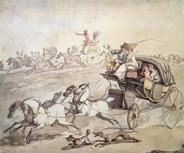 Vogne og ryttere i fuld fart over åbent græsareal, ca. 1800 (pen og blæk med vask på papir) af Thomas Rowlandson