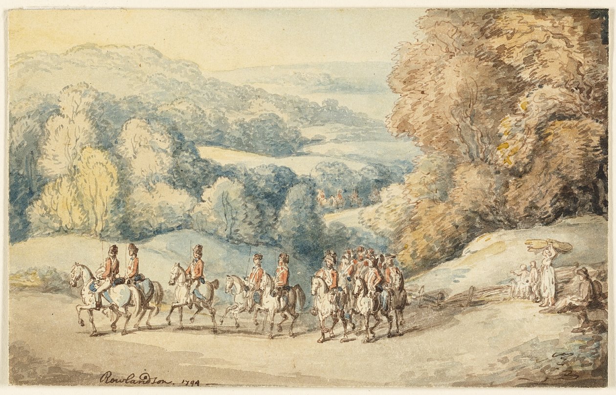 Kavaleri på march (recto); Fragment af skitse af hest (verso) af Thomas Rowlandson