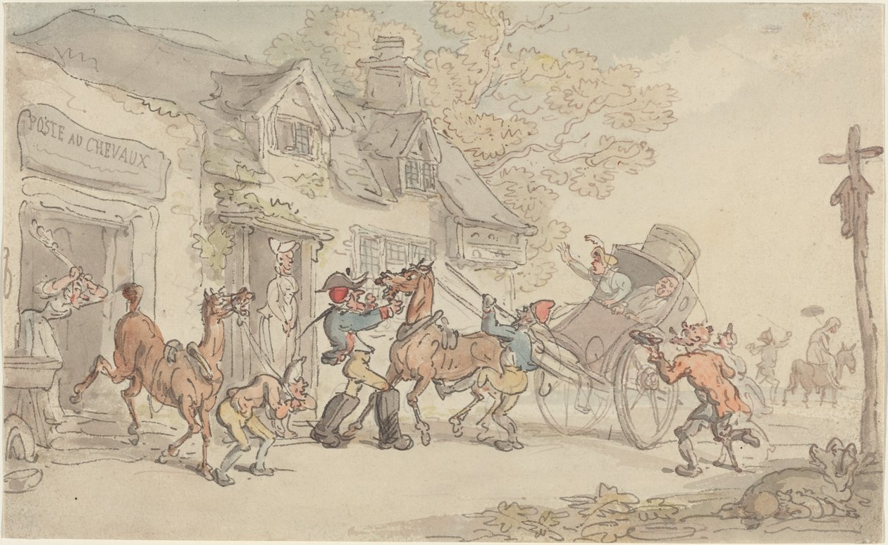Skifte heste i et posthus i Frankrig af Thomas Rowlandson