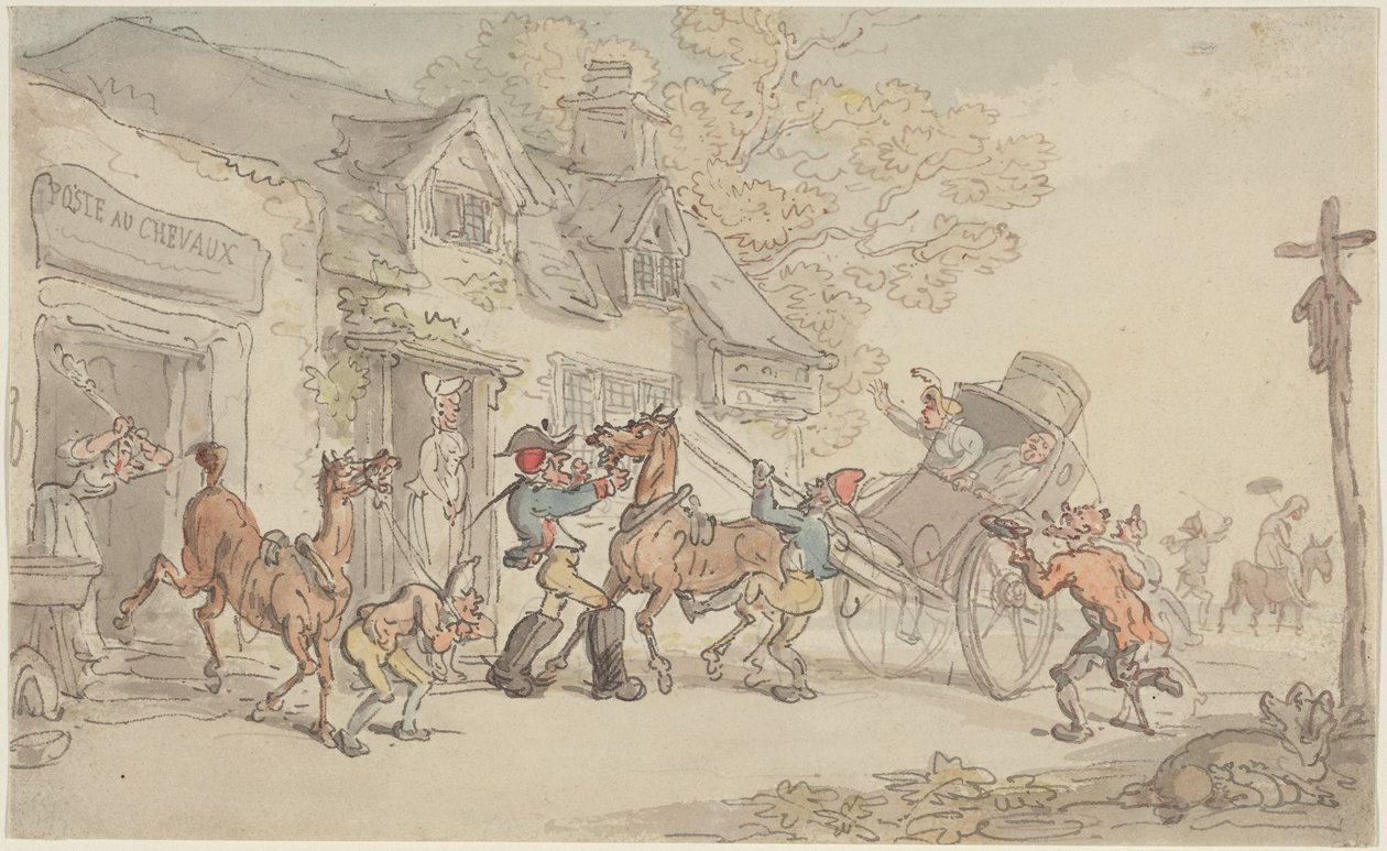 Skift af heste ved et poststed i Frankrig af Thomas Rowlandson