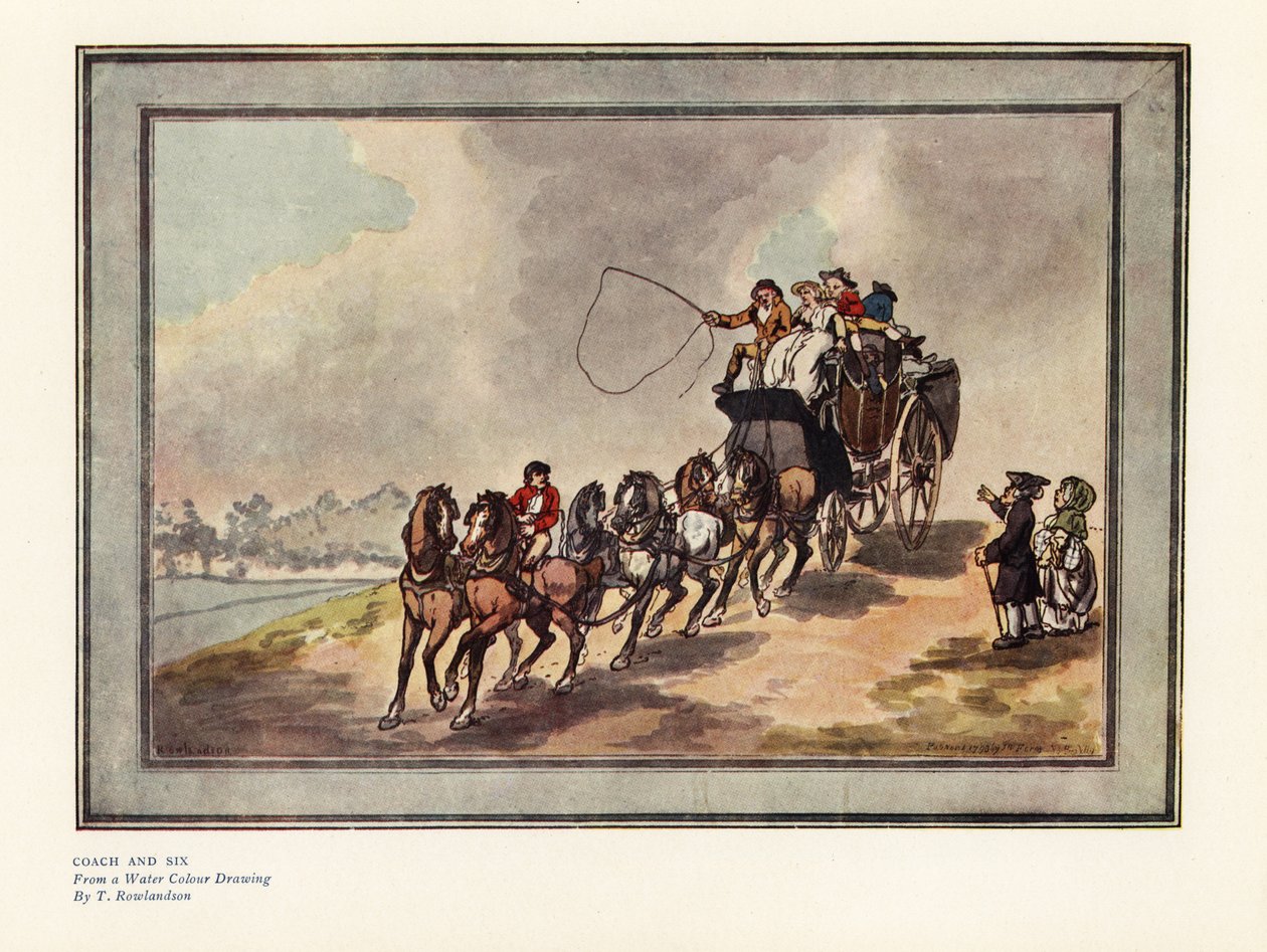 Kusk og seks heste med passagerer og bagage på taget af Thomas Rowlandson