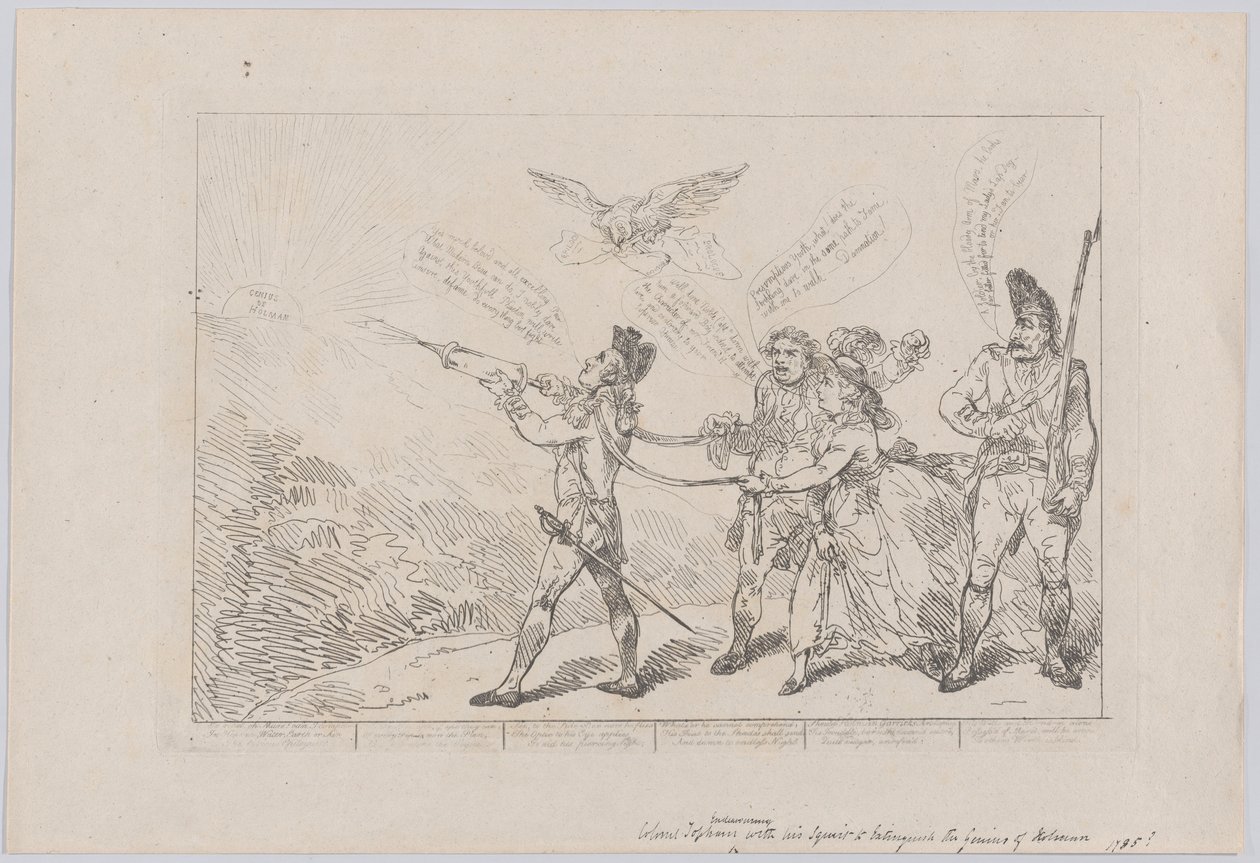 [Kol. Topham Endeavouring, With His Squirt, to Extinguish the Genius of Holma..., December 10, 1784. af Thomas Rowlandson