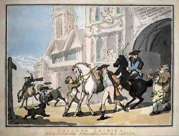 "College Jockies, The Landlord Sweating for his Cattle", udgivet af E. Jackson af Thomas Rowlandson