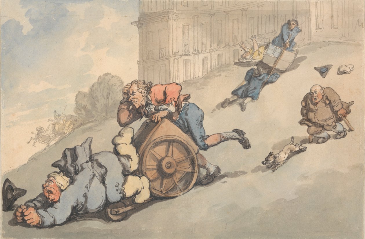 Bekvemmeligheder ved bad: Gigtende personer falder på en stejl bakke af Thomas Rowlandson