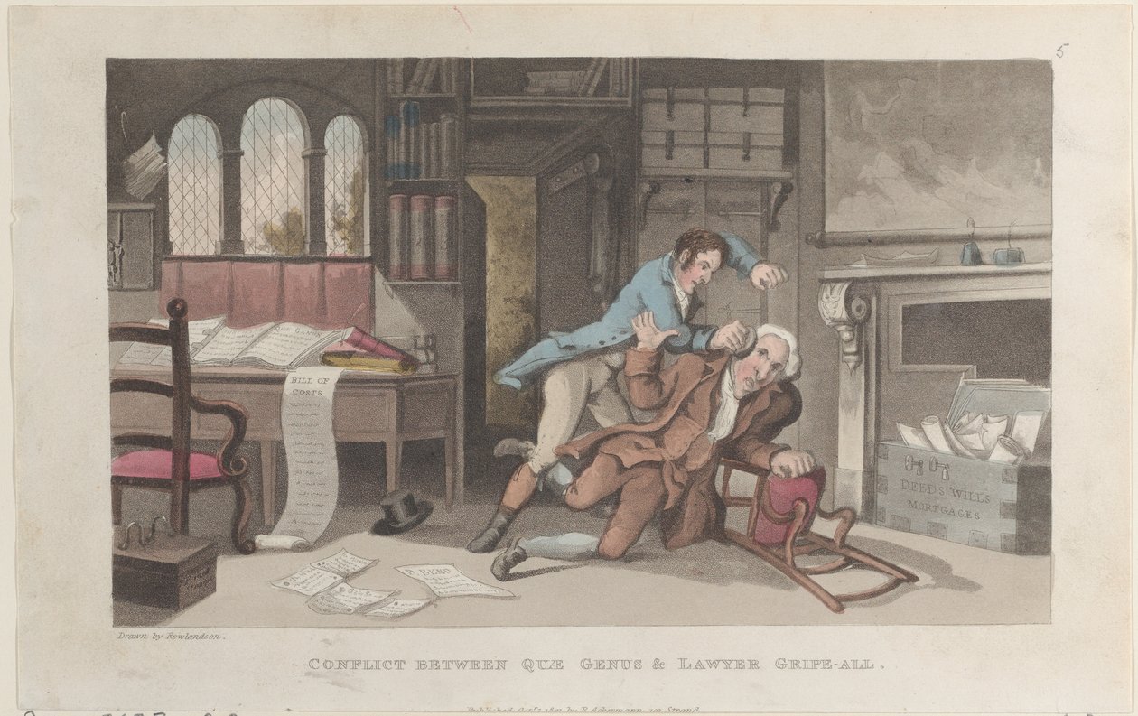 Konflikt mellem Quae Genus og Advokat Gripe-all, fra The History of Johnny Q..., 1. oktober 1821. af Thomas Rowlandson