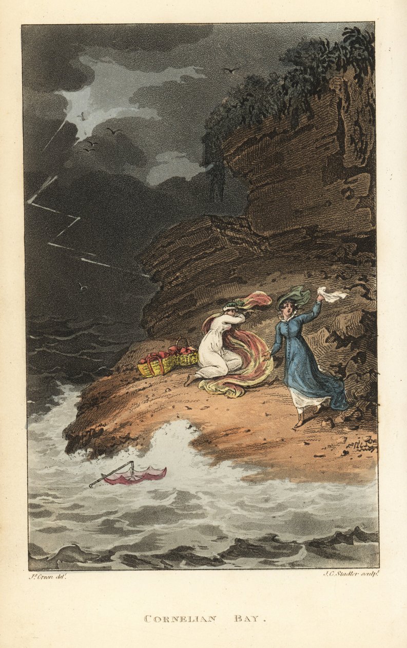 Cornelian Bay: Regency Women on a Picnic er overrasket over en pludselig storm. Håndfarvet kobberplade -gravering af Thomas Rowlandson, Aquatint af J.C. Stadler, efter en skitse af J. Green fra Poetical Sketches of Scarborough, Ackermann, London af Thomas Rowlandson