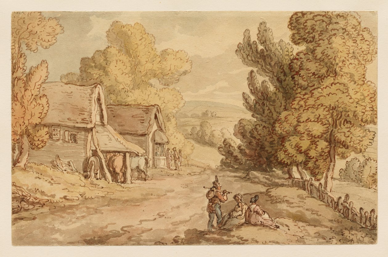 Hytte og lade med figurer, der hviler ved siden af en landevej af Thomas Rowlandson