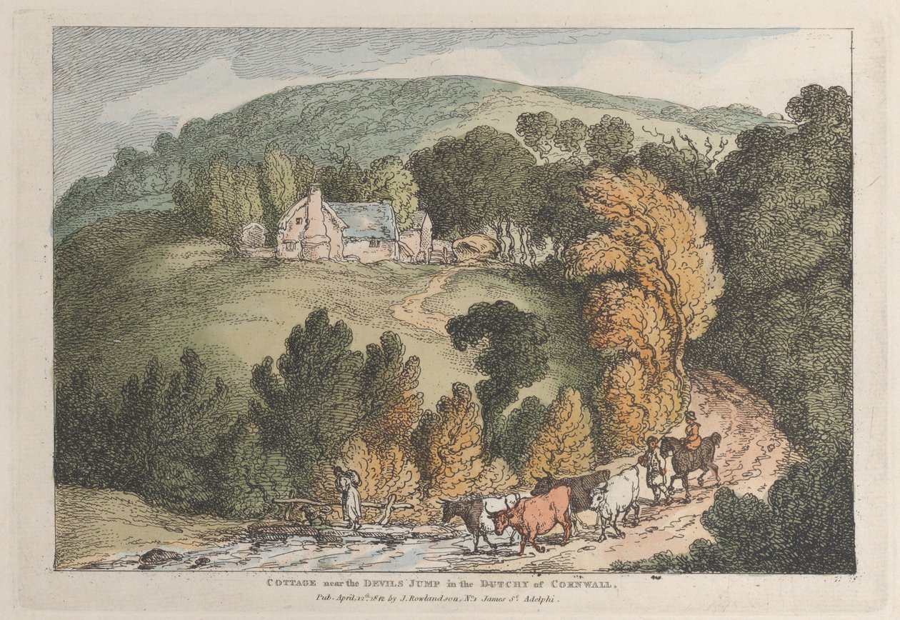 Sommerhus nær Devils Jump i hertugdømmet Cornwall, fra Views i Cornwall, 12. april 1812. af Thomas Rowlandson