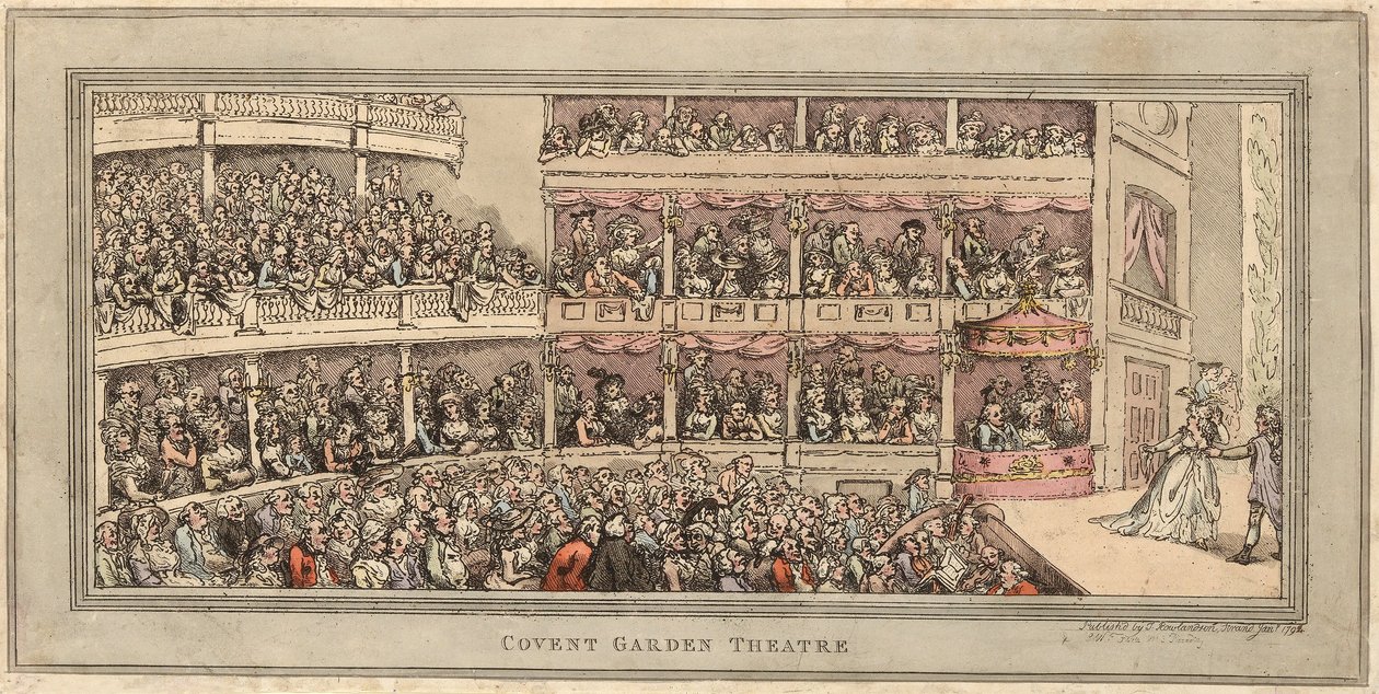 Covent Garden Theatre, pub. Henry Brookes, 1786 (håndkoloreret radering) af Thomas Rowlandson
