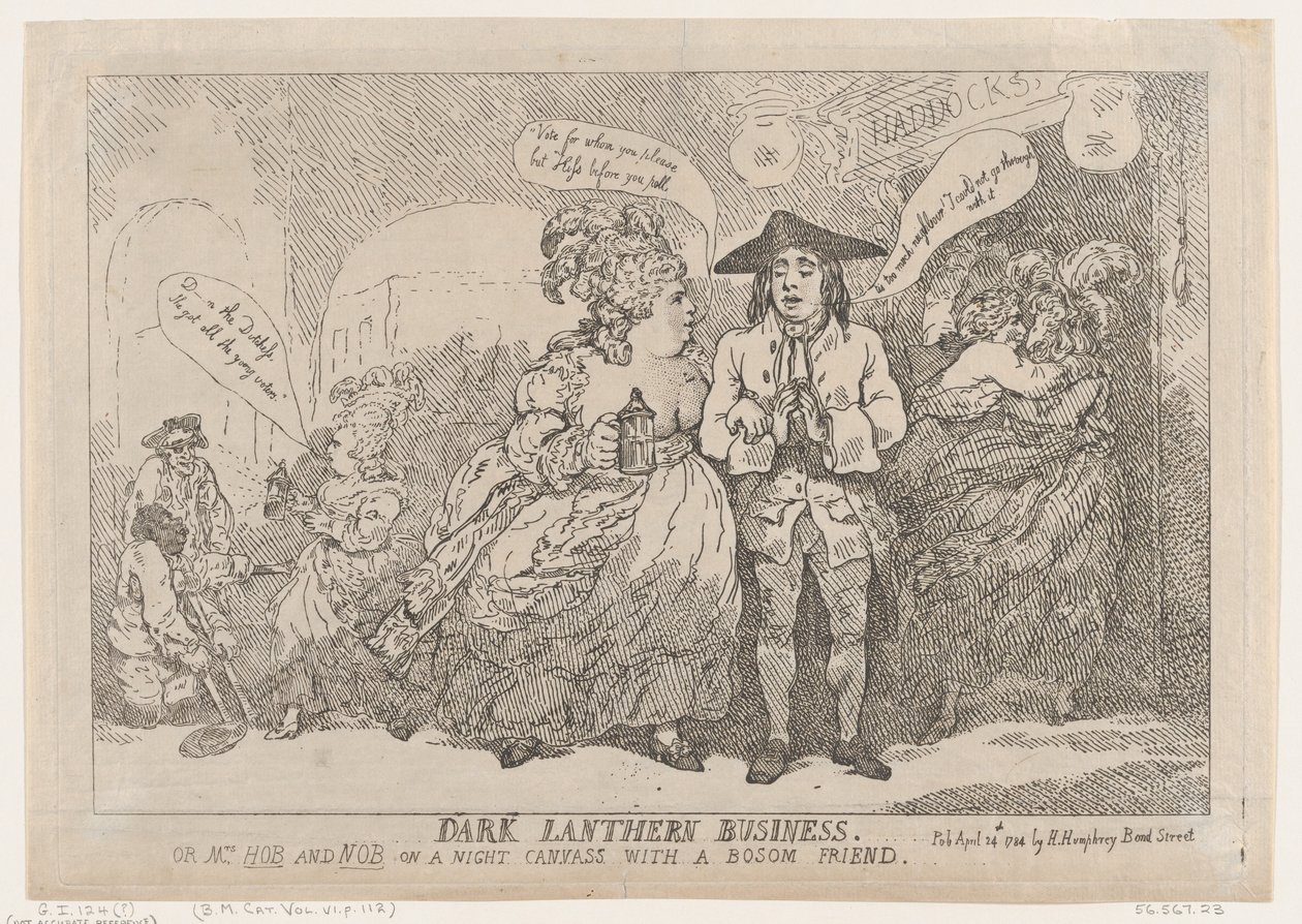 Dark Lantern Business, eller, Mrs. Hob og Nob på et natlærred med en barm fre..., 24. april 1784. af Thomas Rowlandson