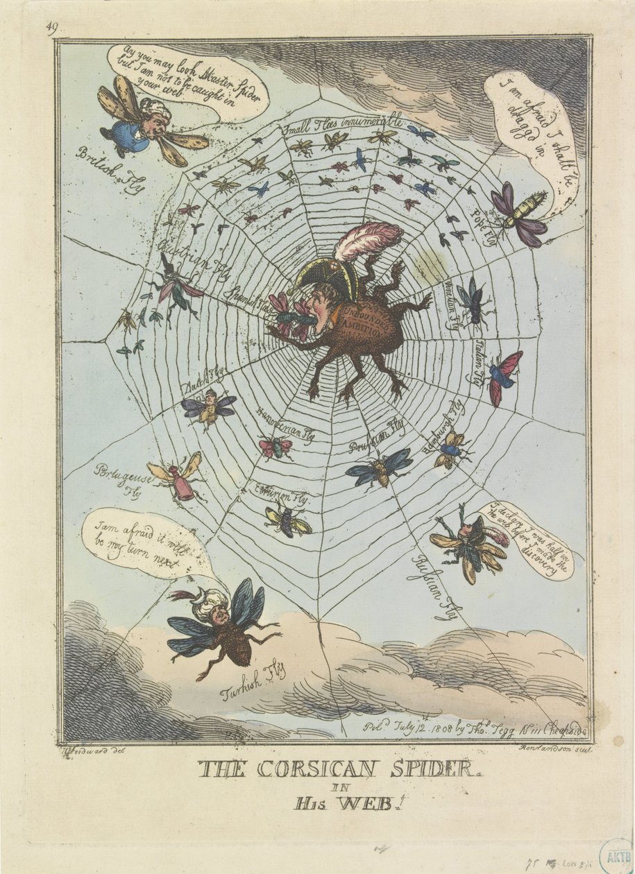 Den korsikanske edderkop i sit web, 1808 Den korsikanske edderkop, i sit spind! (titel på objekt) af Thomas Rowlandson