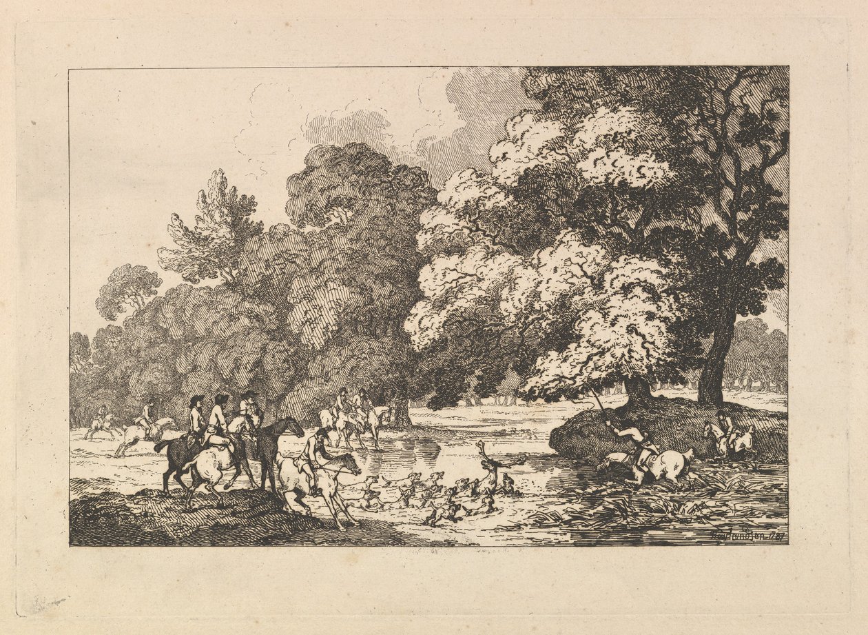 Hjortejagt – Et landskabsbillede med en hjort og jagthunde ved en flod af Thomas Rowlandson