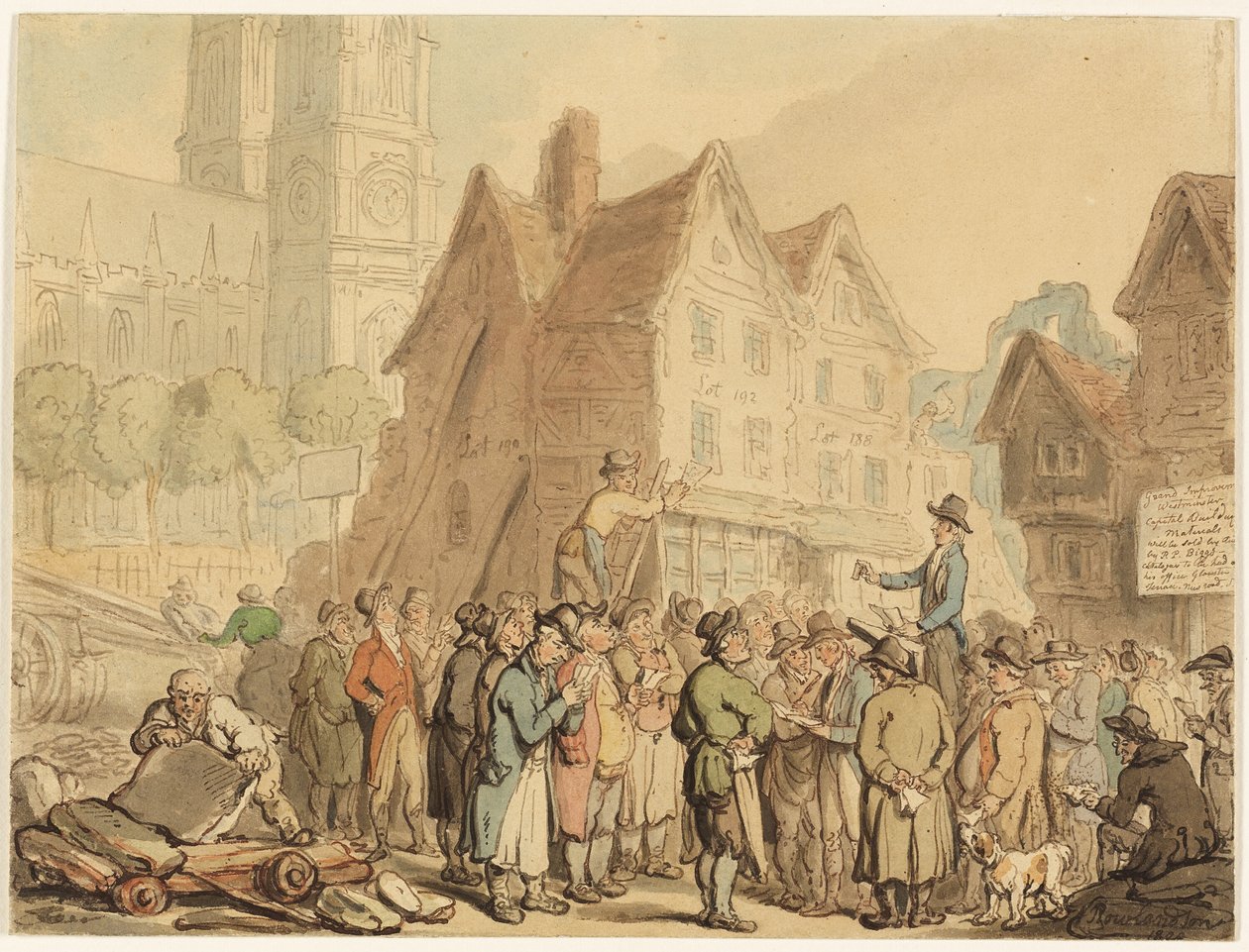 Nedrivning af gamle huse nord for Westminster Abbey af Thomas Rowlandson