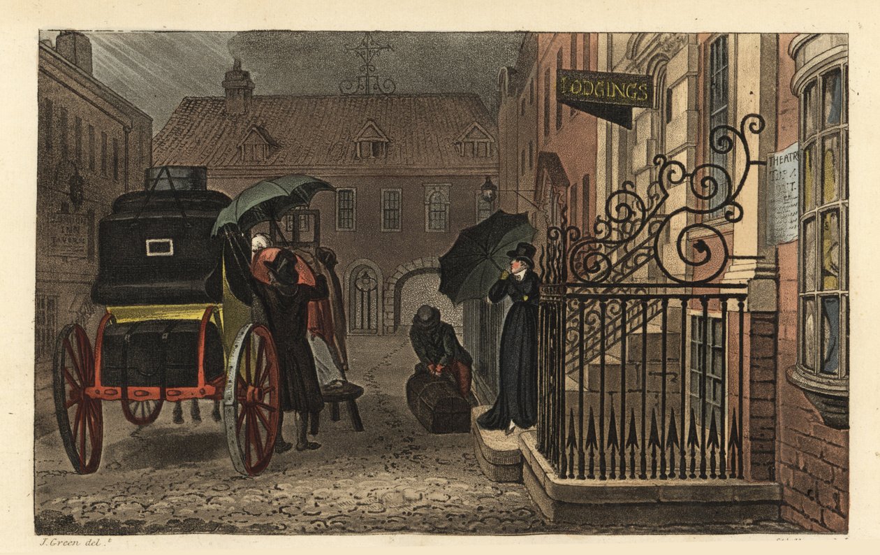 Afgang: Turister læsser bagage på en vogn foran et hotel i regnvejr. Håndfarvet kobberstik af Thomas Rowlandson, akvatint af J.C. Stadler, efter en skitse af J. Green fra Poetical Sketches of Scarborough, Ackermann, London af Thomas Rowlandson
