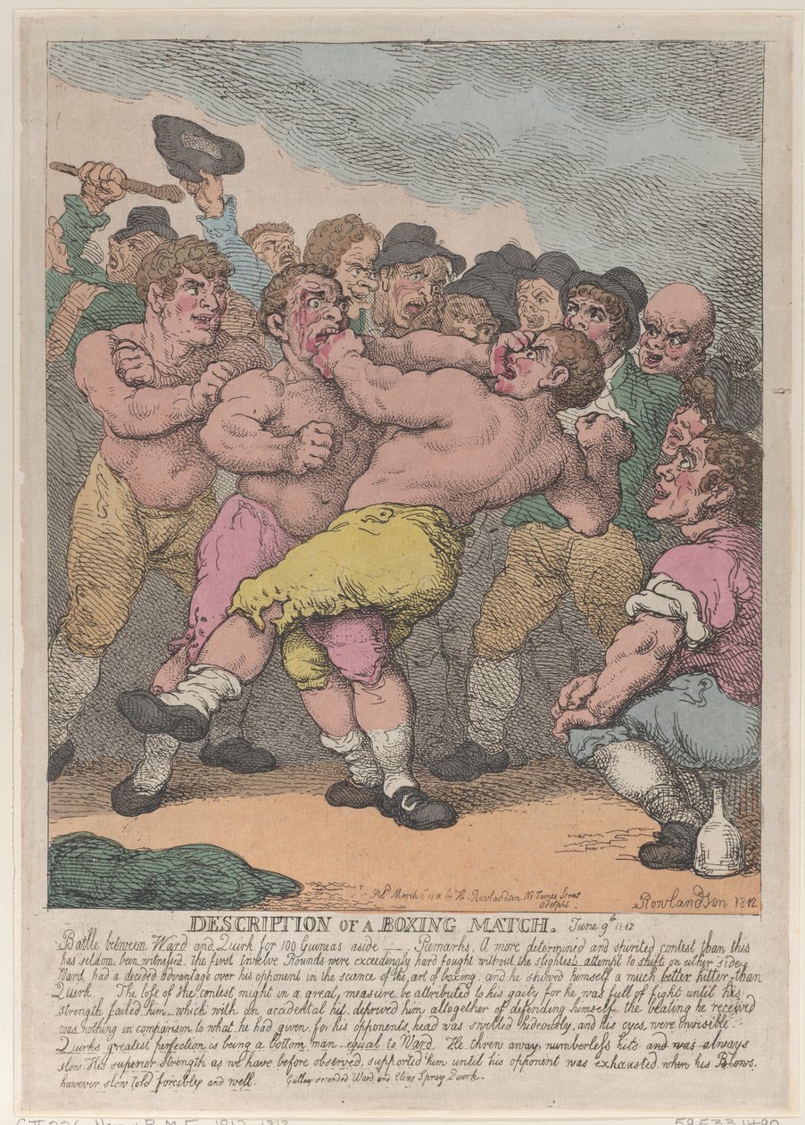 Beskrivelse af en boksekamp mellem Ward og Quirk for 100 Guineas en side, Marc..., 1. marts 1812. af Thomas Rowlandson