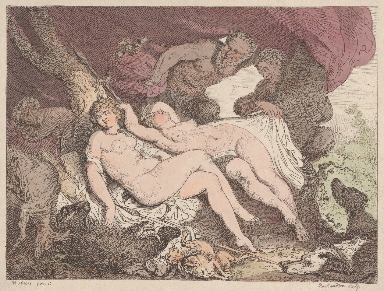 Diana og hendes nymfer spioneret af Satyrs, 1790-1799., 1790-1799. af Thomas Rowlandson