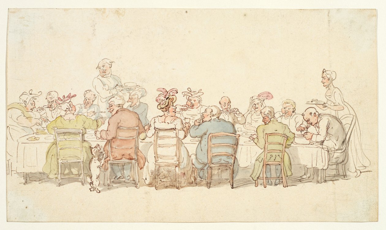 Middag, 1800-tallet (grafit, pen og brunt blæk, akvarel på vævet papir) af Thomas Rowlandson