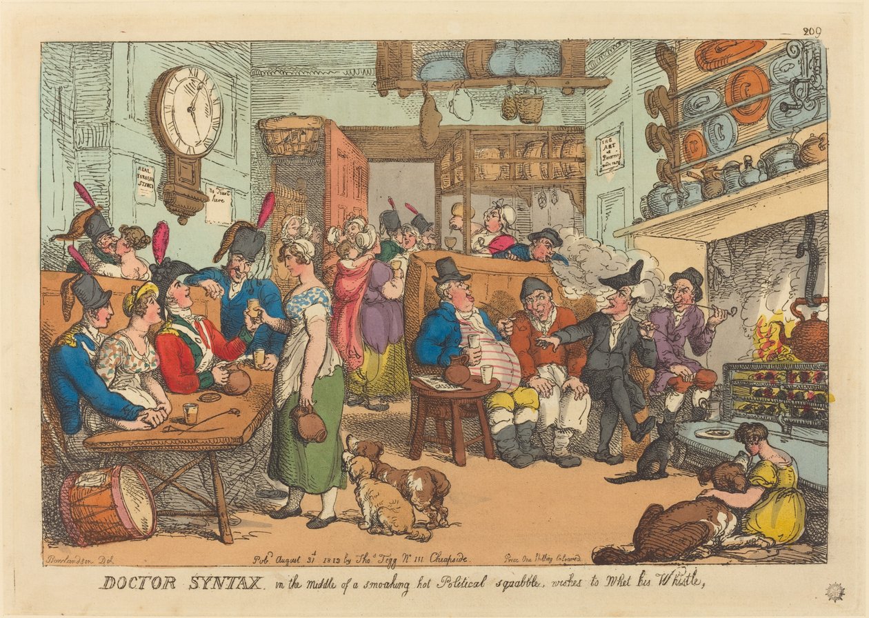 Doctor Syntax, midt i en rygende varm politisk skænderi, ønsker at væde sin fløjte af Thomas Rowlandson