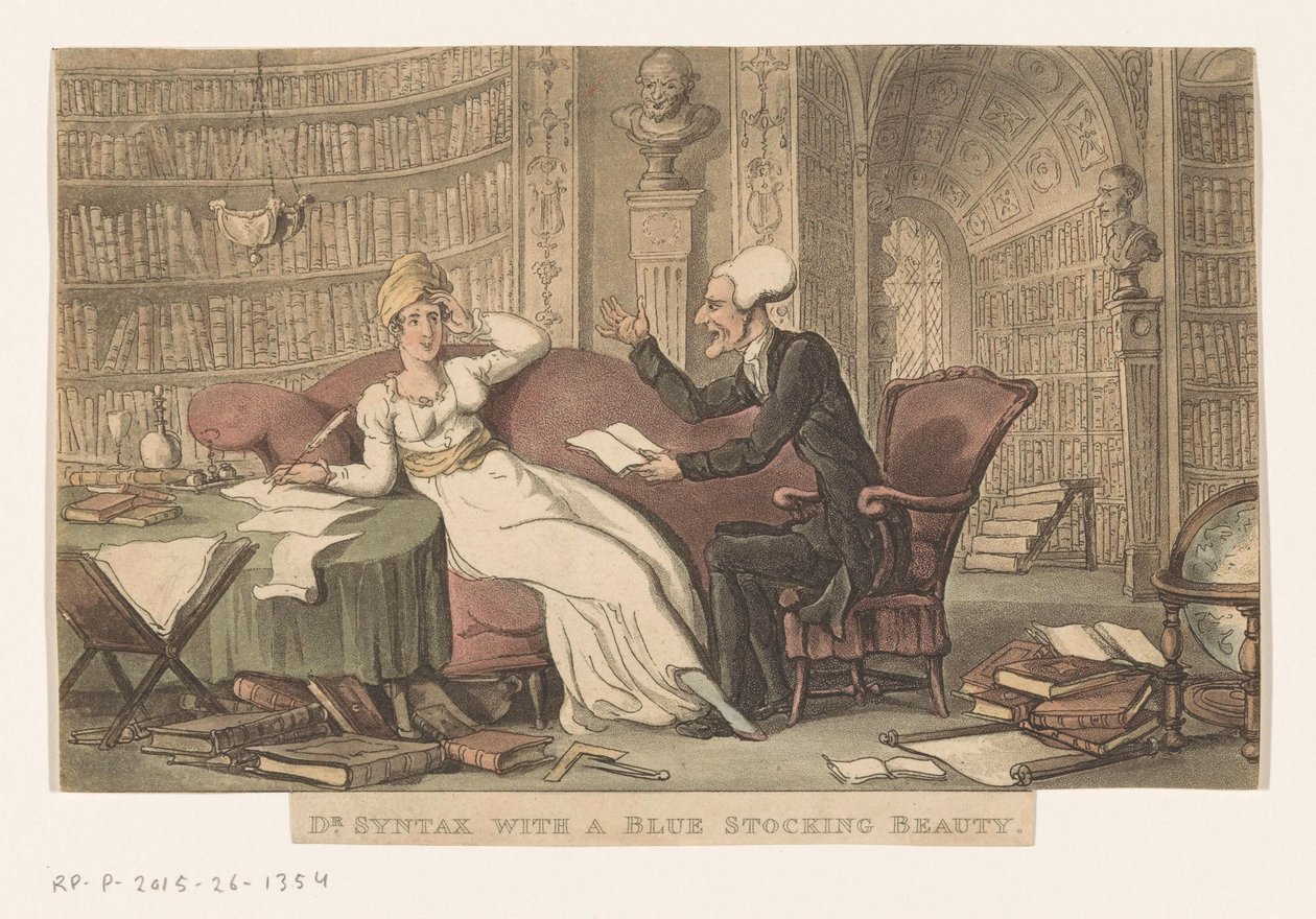 Doktor Syntaks med en kvinde i et bibliotek dr. Syntaks med en blå strømpe skønhed (titel på objekt) af Thomas Rowlandson