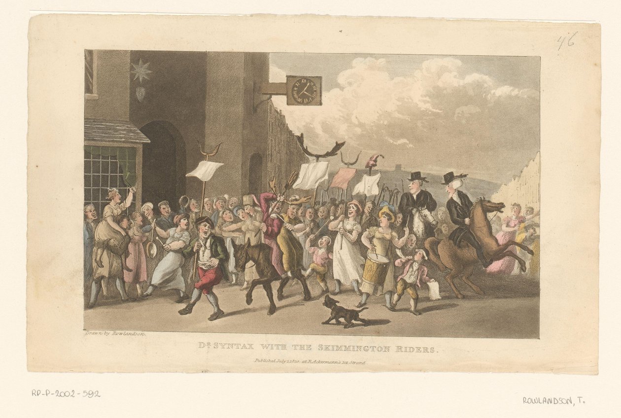 Doctor Syntax rider med på sin hest i et charivari af Thomas Rowlandson