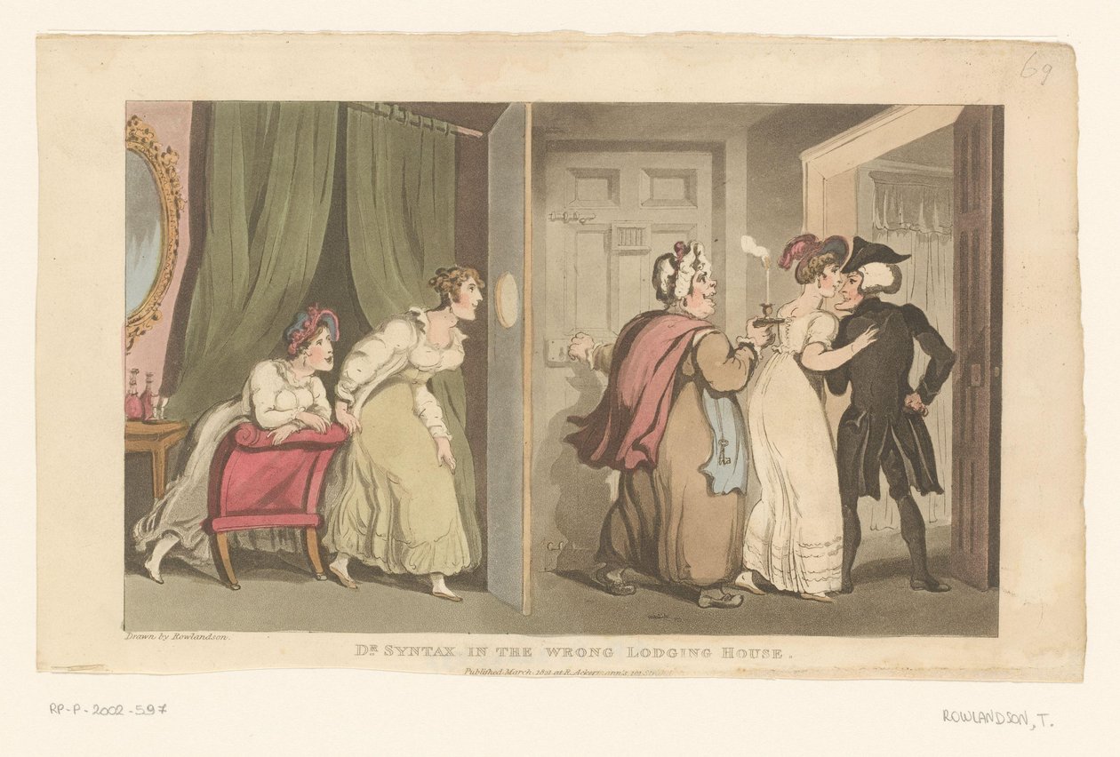 Doctor Syntax bliver ført gennem en dør af to kvinder af Thomas Rowlandson