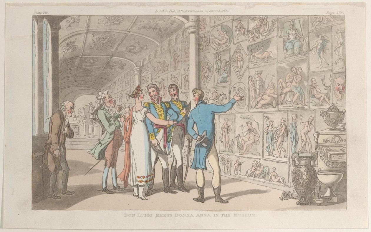 Don Luigi møder Donna Anna i museet, fra Napoli og Campagna Felice: i..., 1. juni 1815. af Thomas Rowlandson