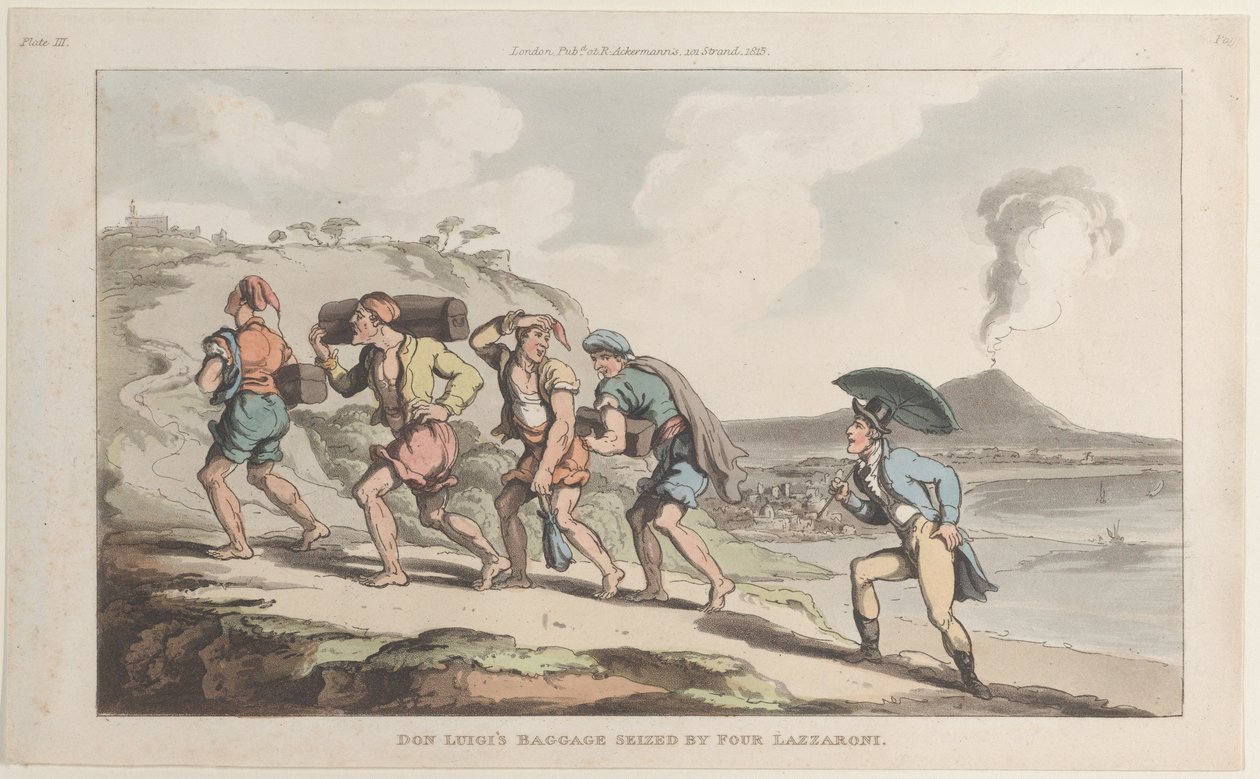 Don Luigis bagage beslaglagt af fire Lazzaroni, fra Napoli og Campagna Felice..., 1. juni 1815. af Thomas Rowlandson